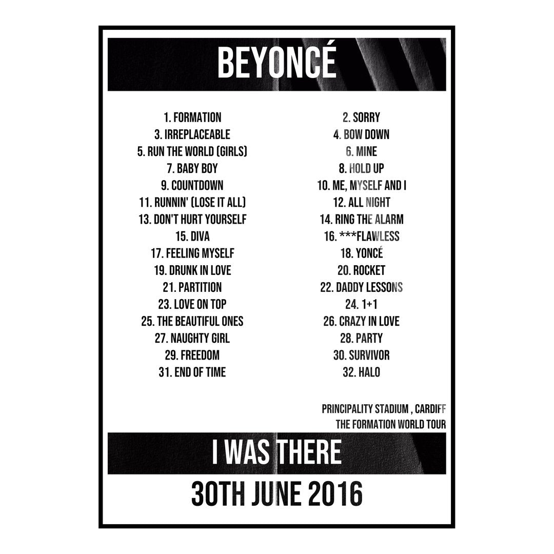 Beyoncé Cardiff 30th June 2016 Setlist poster