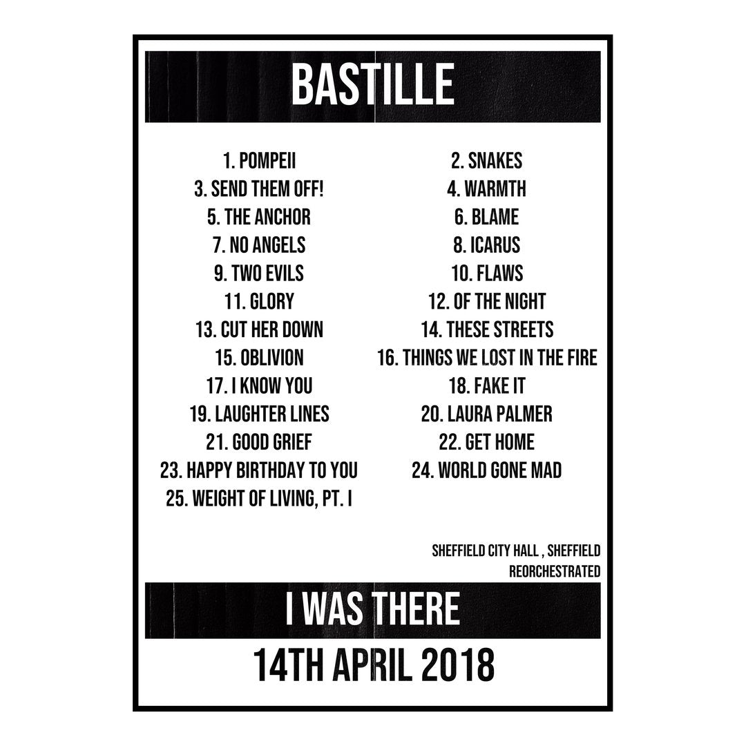 Bastille Sheffield 14th April 2018 Setlist poster