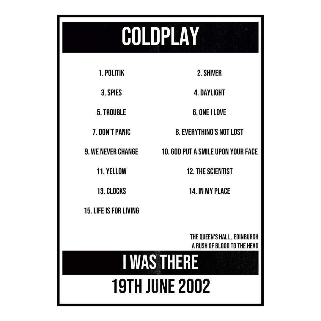 Coldplay Edinburgh 19th June 2002 Setlist poster
