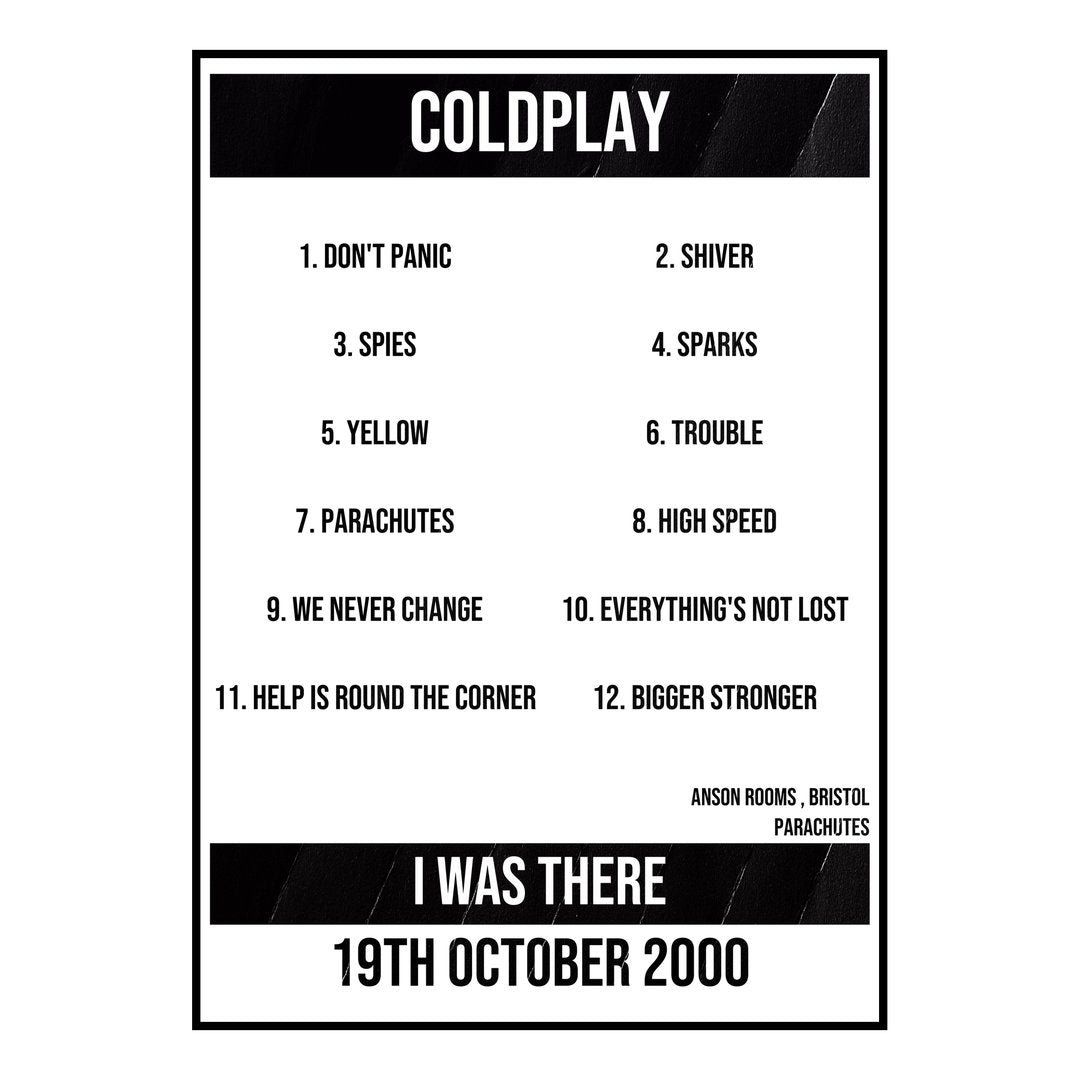 Coldplay Bristol 19th October 2000 Setlist poster