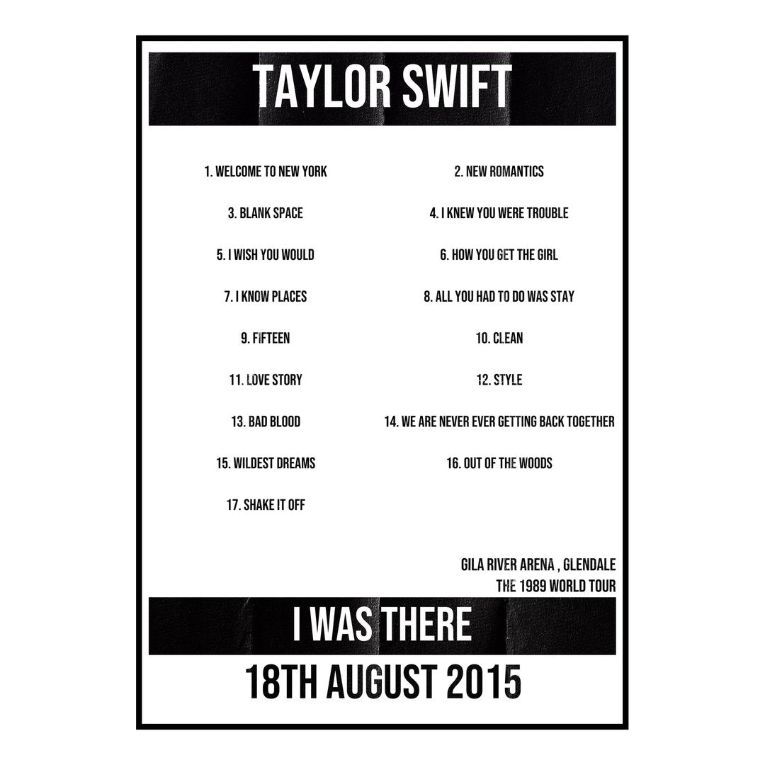 Taylor Swift Glendale 18th August 2015 Setlist poster