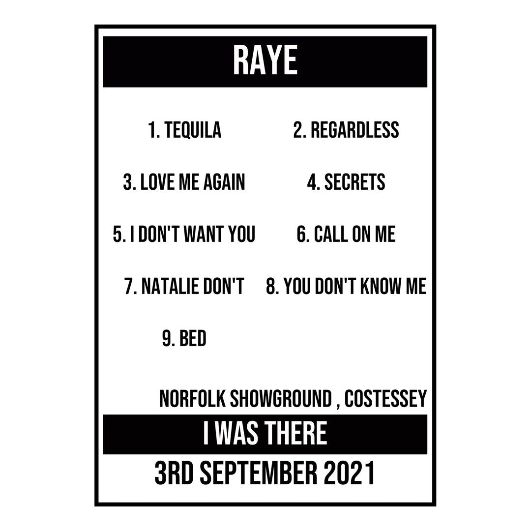 A Setlist Poster Featuring RAYE Gig from Costessey in 2021
