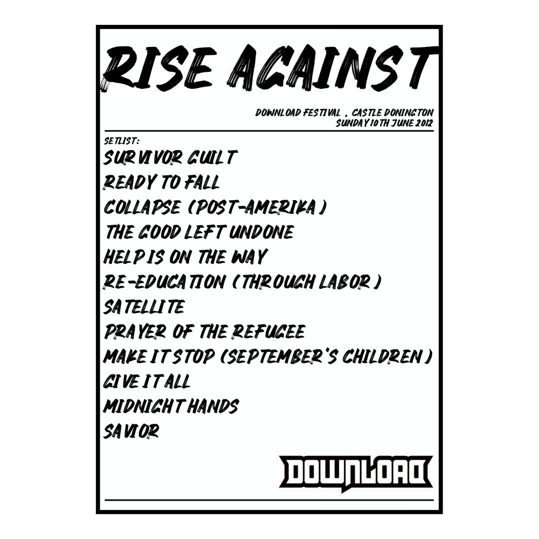 Rise Against Castle Donington 10th June 2012 Setlist poster