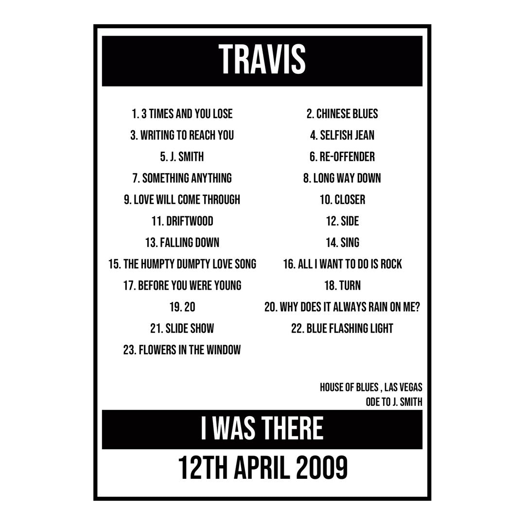 A Setlist Poster Featuring Travis Gig from Las Vegas in 2009