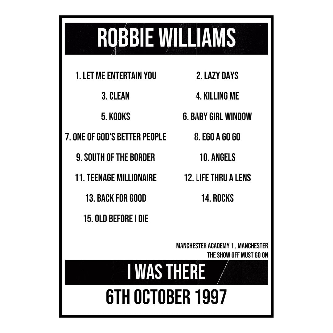 Robbie Williams Manchester 6th October 1997 Setlist poster
