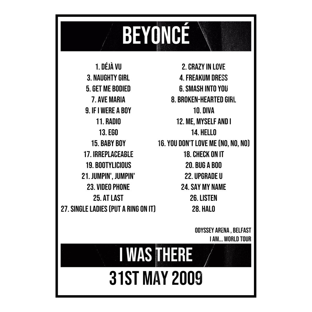 Beyoncé Belfast 31st May 2009 Setlist poster