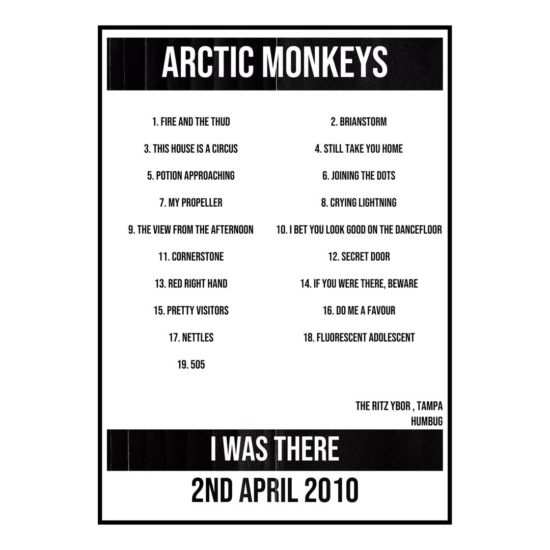Arctic Monkeys Tampa 2nd April 2010 Setlist poster