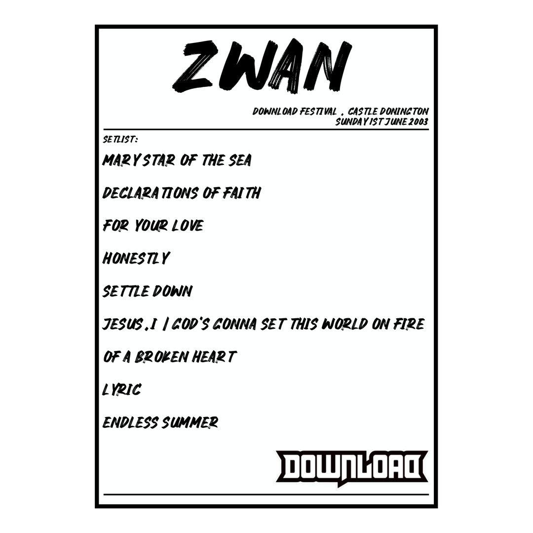 Zwan Castle Donington 1st June 2003 Setlist poster
