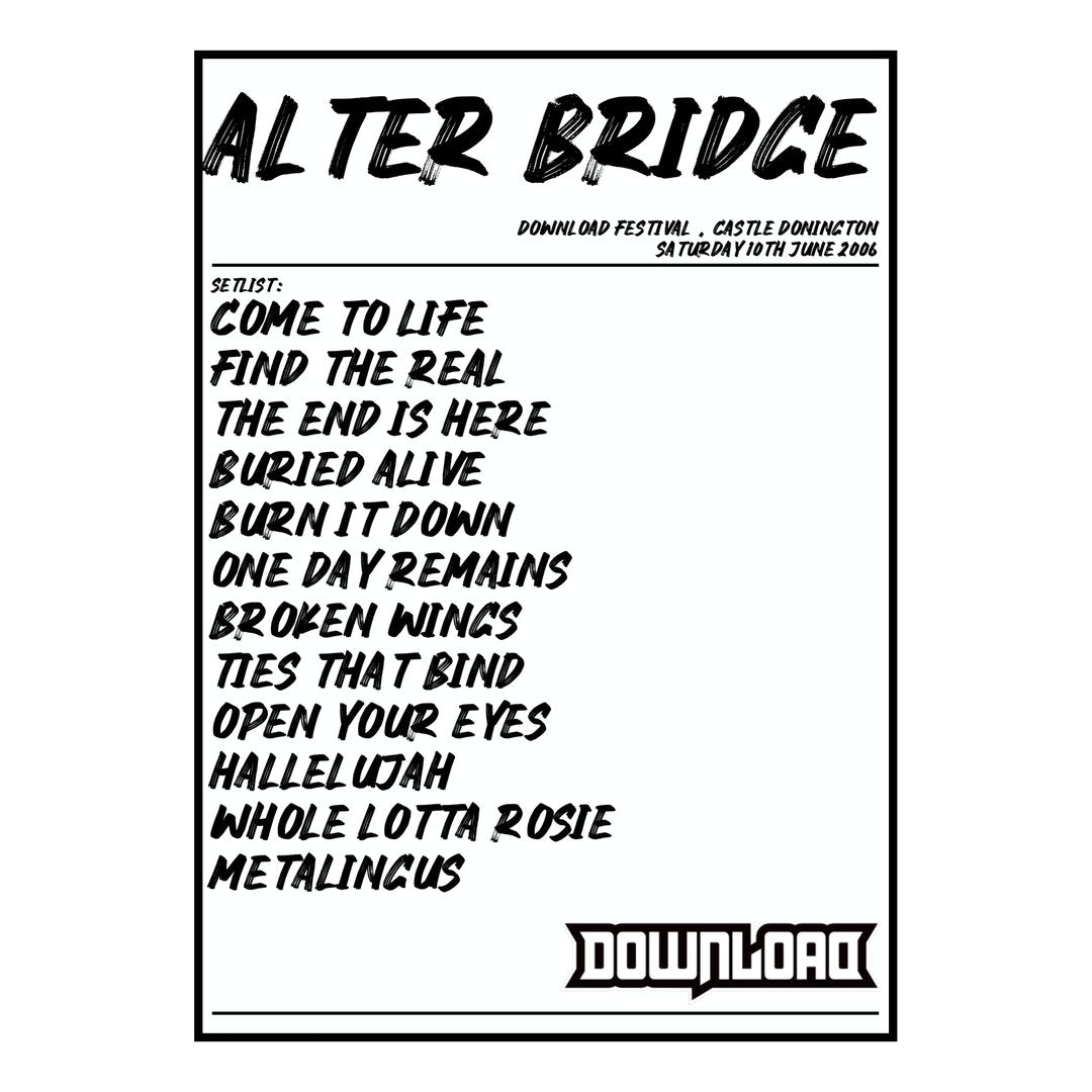 Alter Bridge Castle Donington 10th June 2006 Setlist poster
