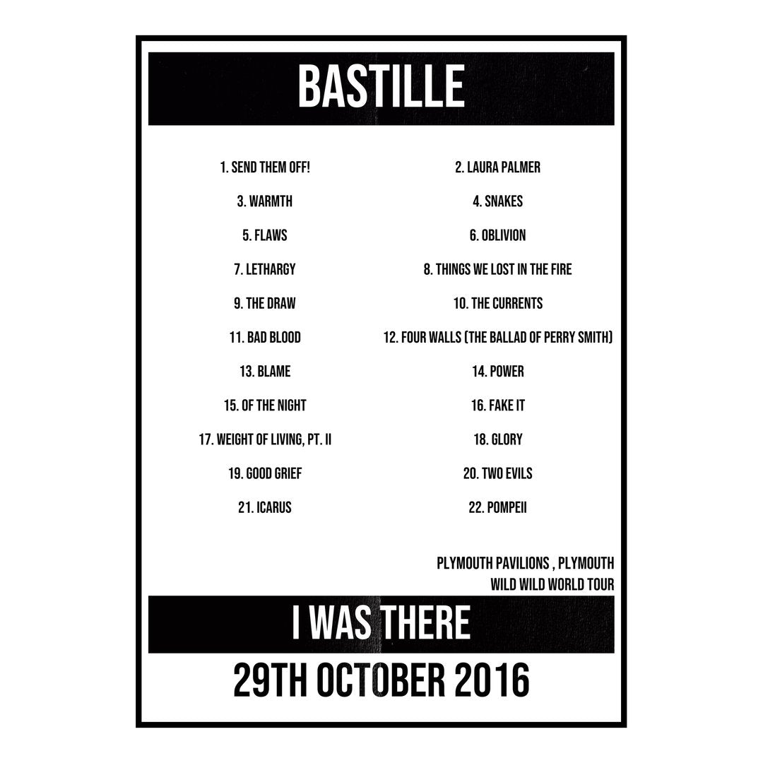 Bastille Plymouth 29th October 2016 Setlist poster