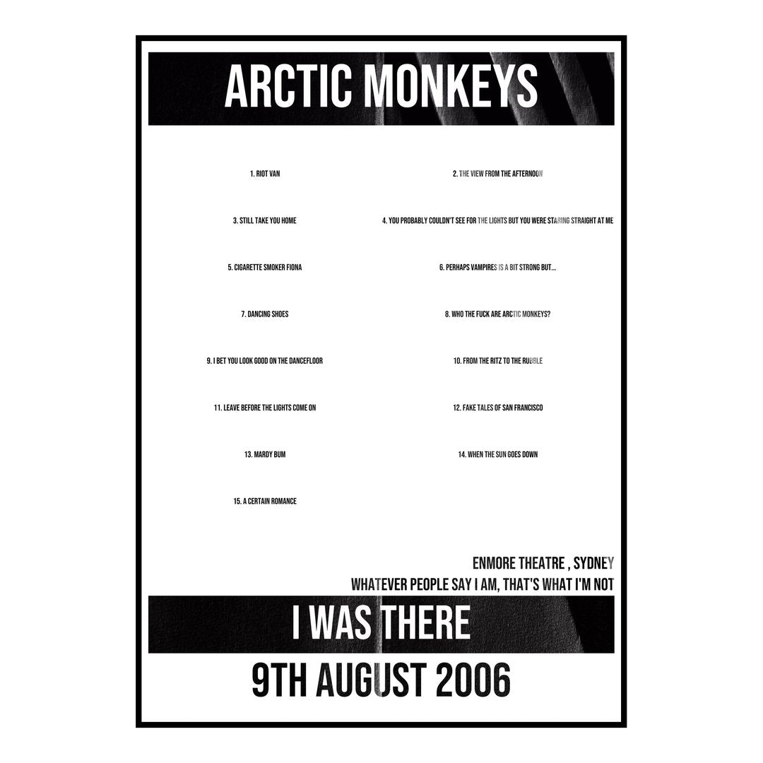 Arctic Monkeys Sydney 9th August 2006 Setlist poster