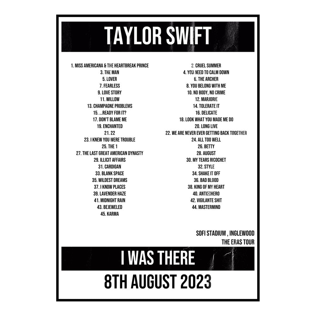 Taylor Swift Inglewood 8th August 2023 Setlist poster