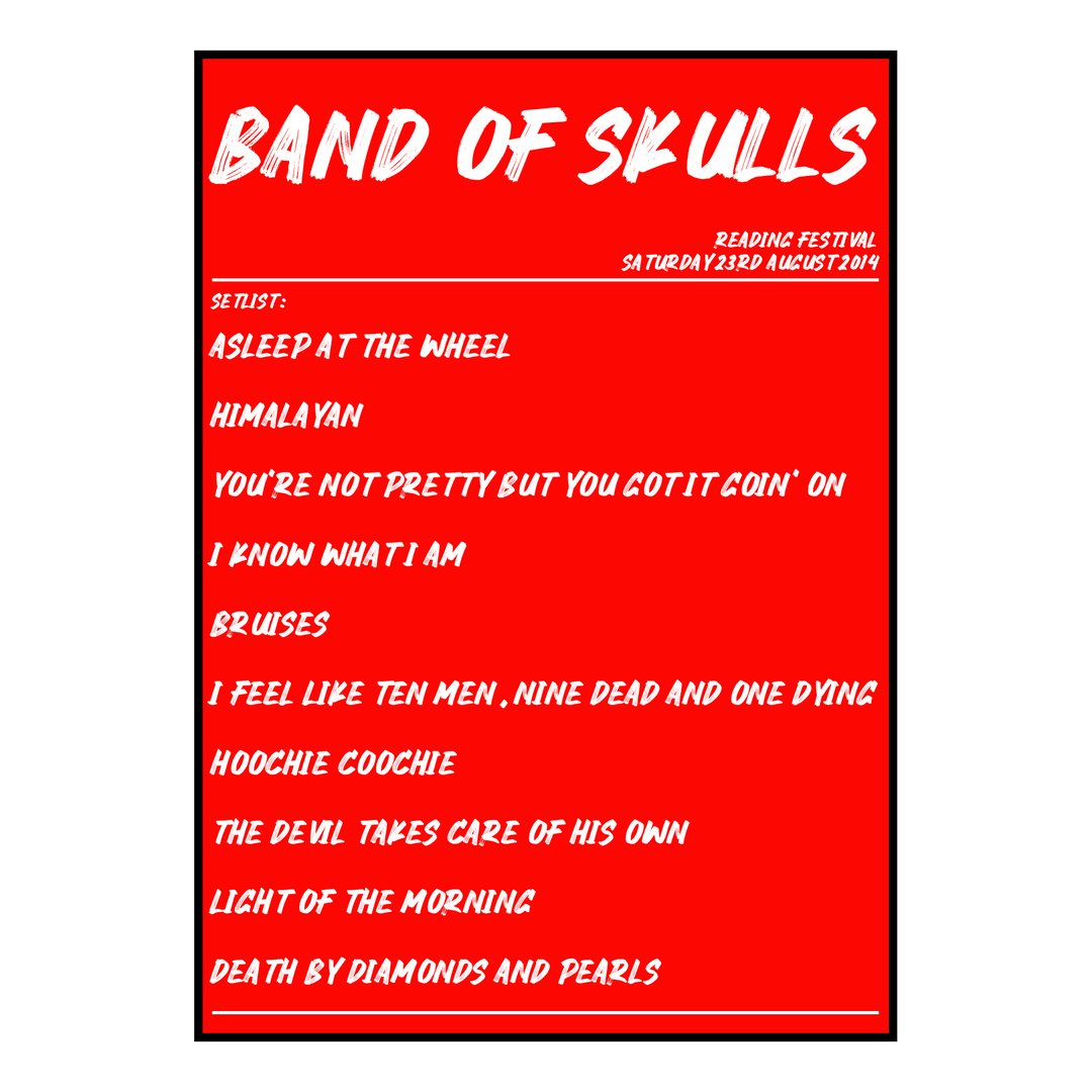 Band of Skulls Reading 23rd August 2014 Setlist poster