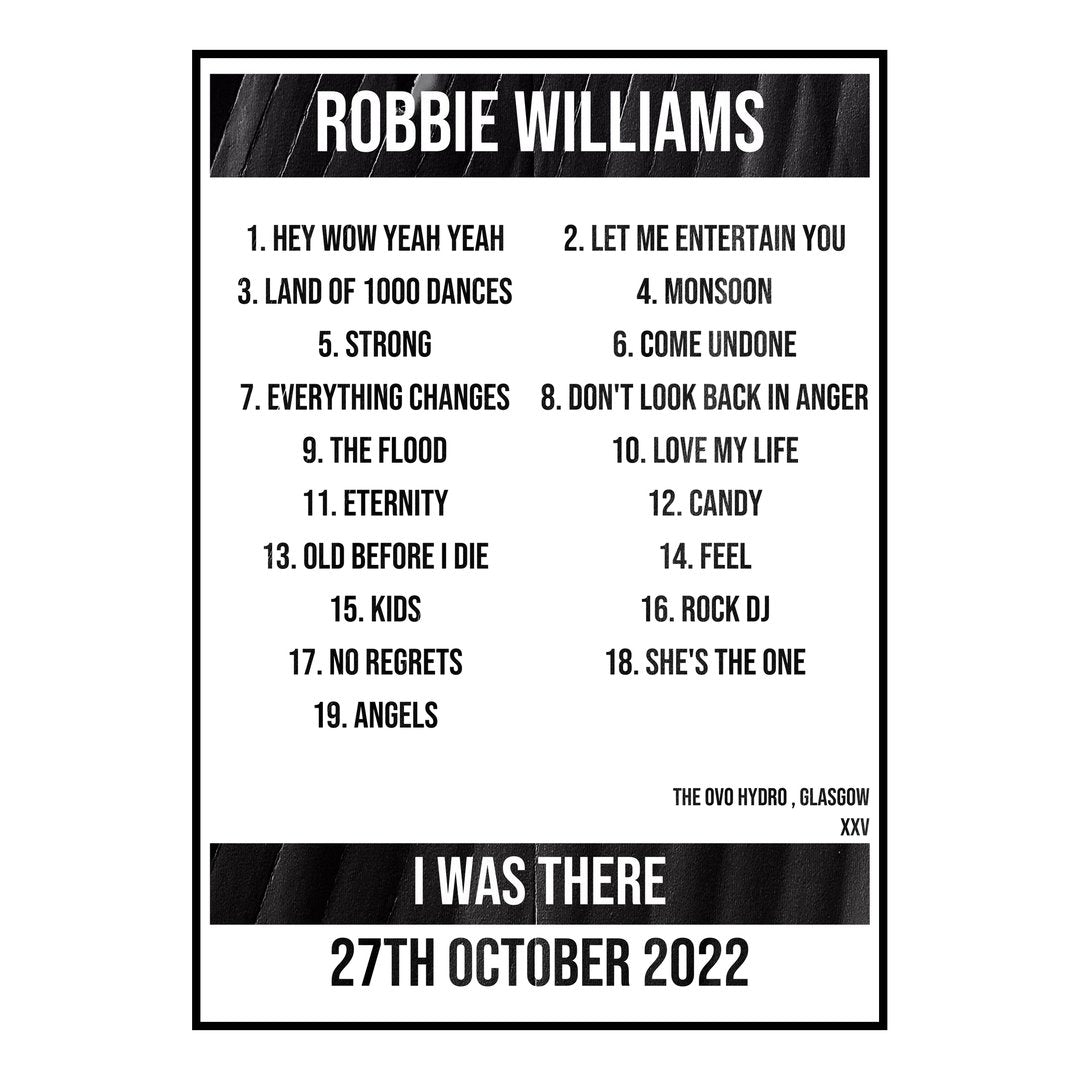Robbie Williams Glasgow 27th October 2022 Setlist poster