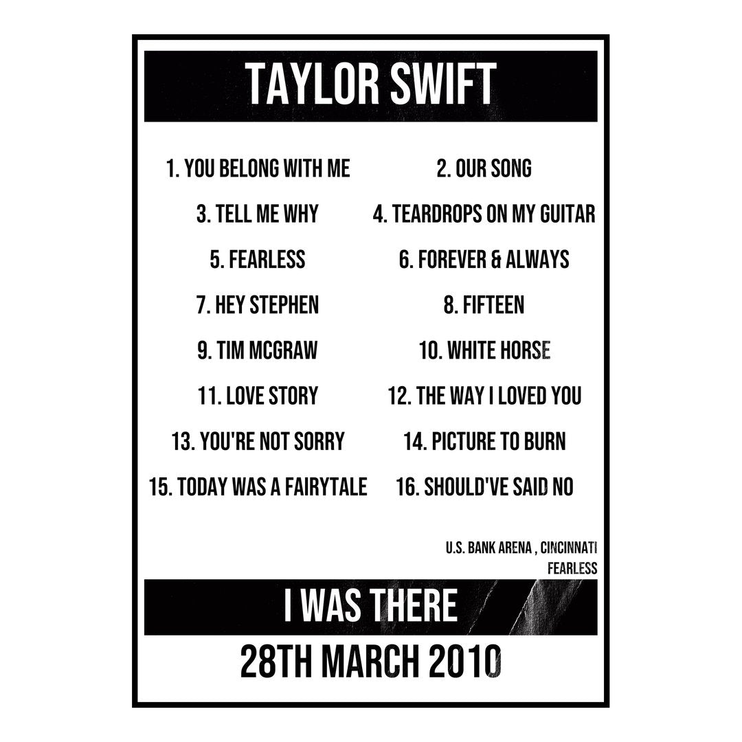 Taylor Swift Cincinnati 28th March 2010 Setlist poster
