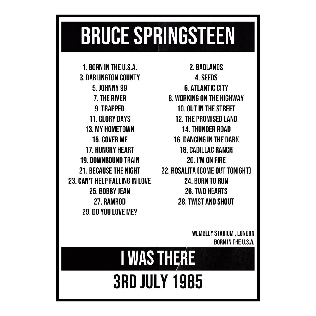 Bruce Springsteen London 3rd July 1985 Setlist poster