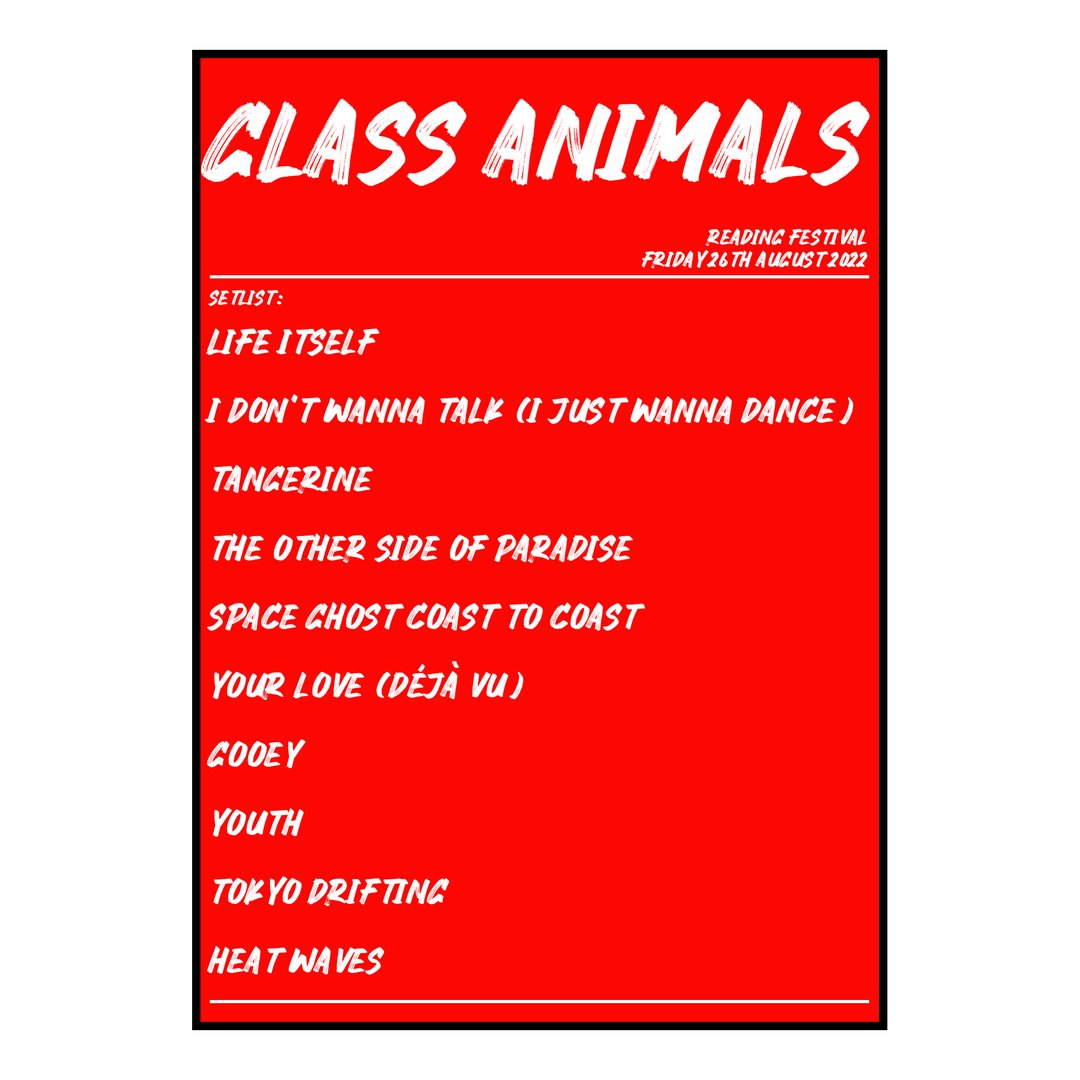 Glass Animals Reading 26th August 2022 Setlist poster