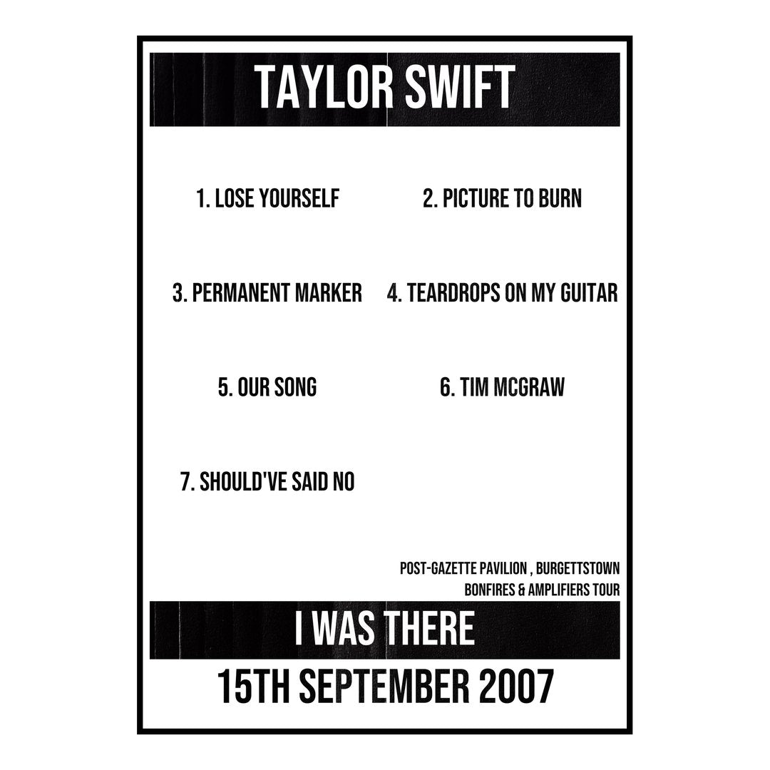 Taylor Swift Burgettstown 15th September 2007 Setlist poster