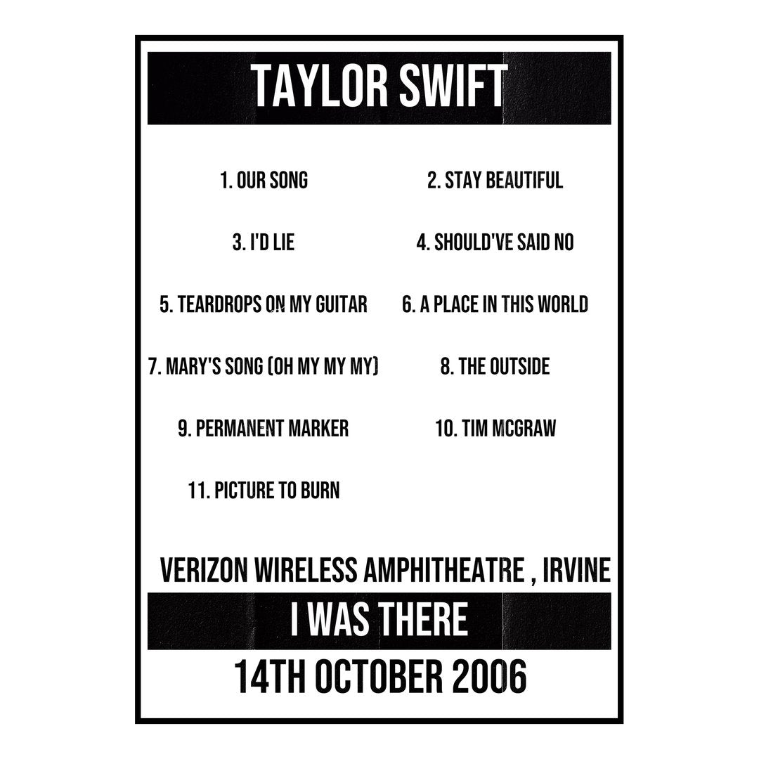 Taylor Swift Irvine 14th October 2006 Setlist poster
