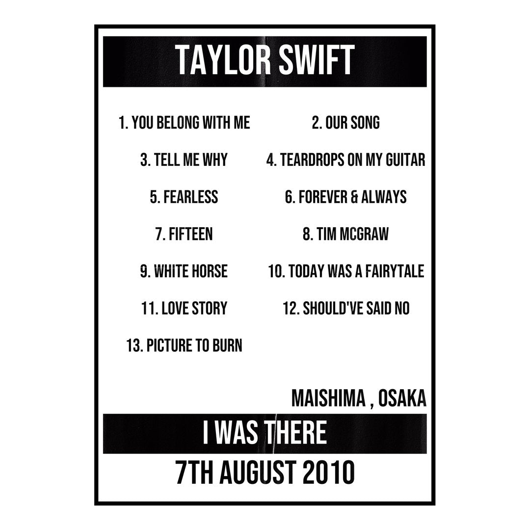Taylor Swift Osaka 7th August 2010 Setlist poster
