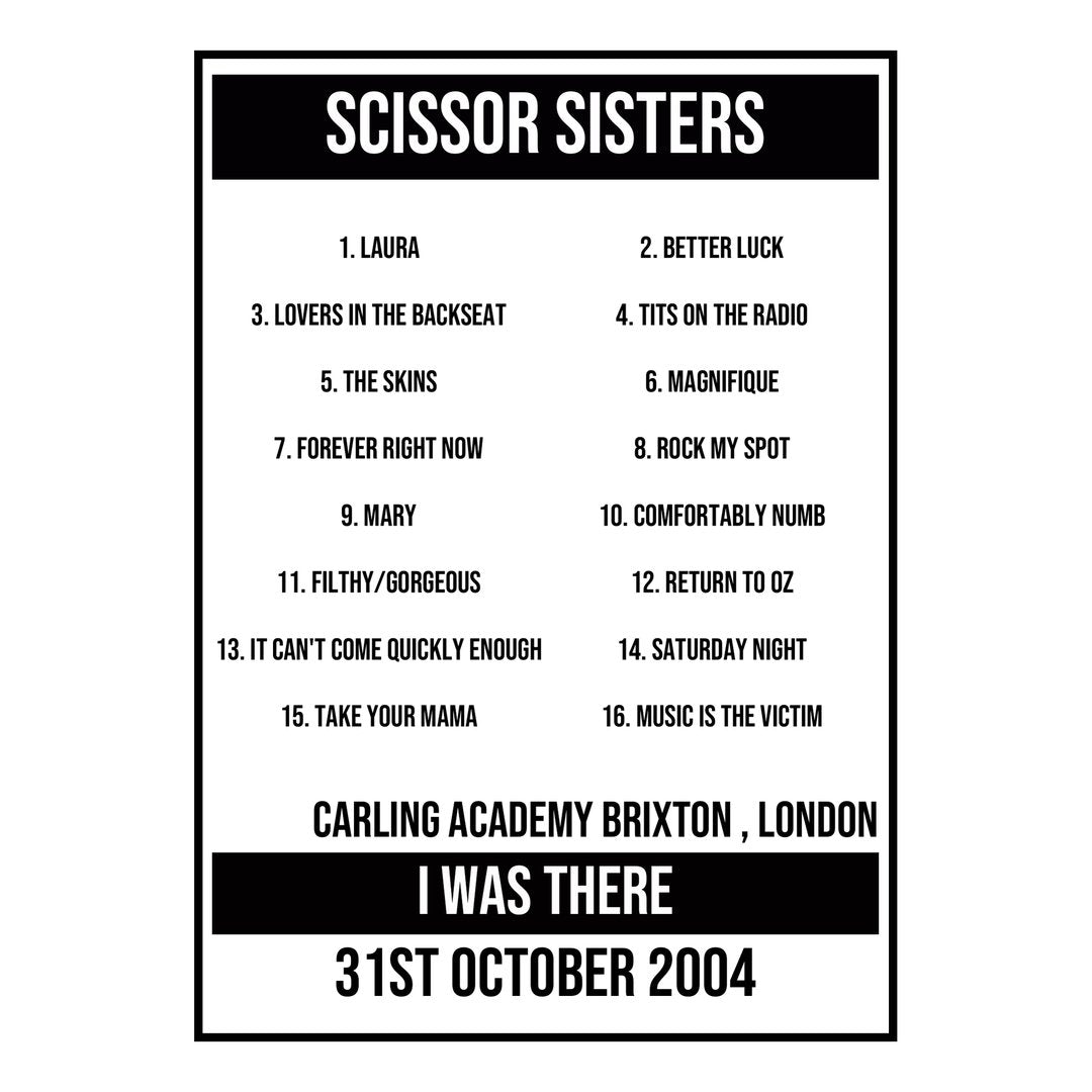 A Setlist Poster Featuring Scissor Sisters Gig from London in 2004