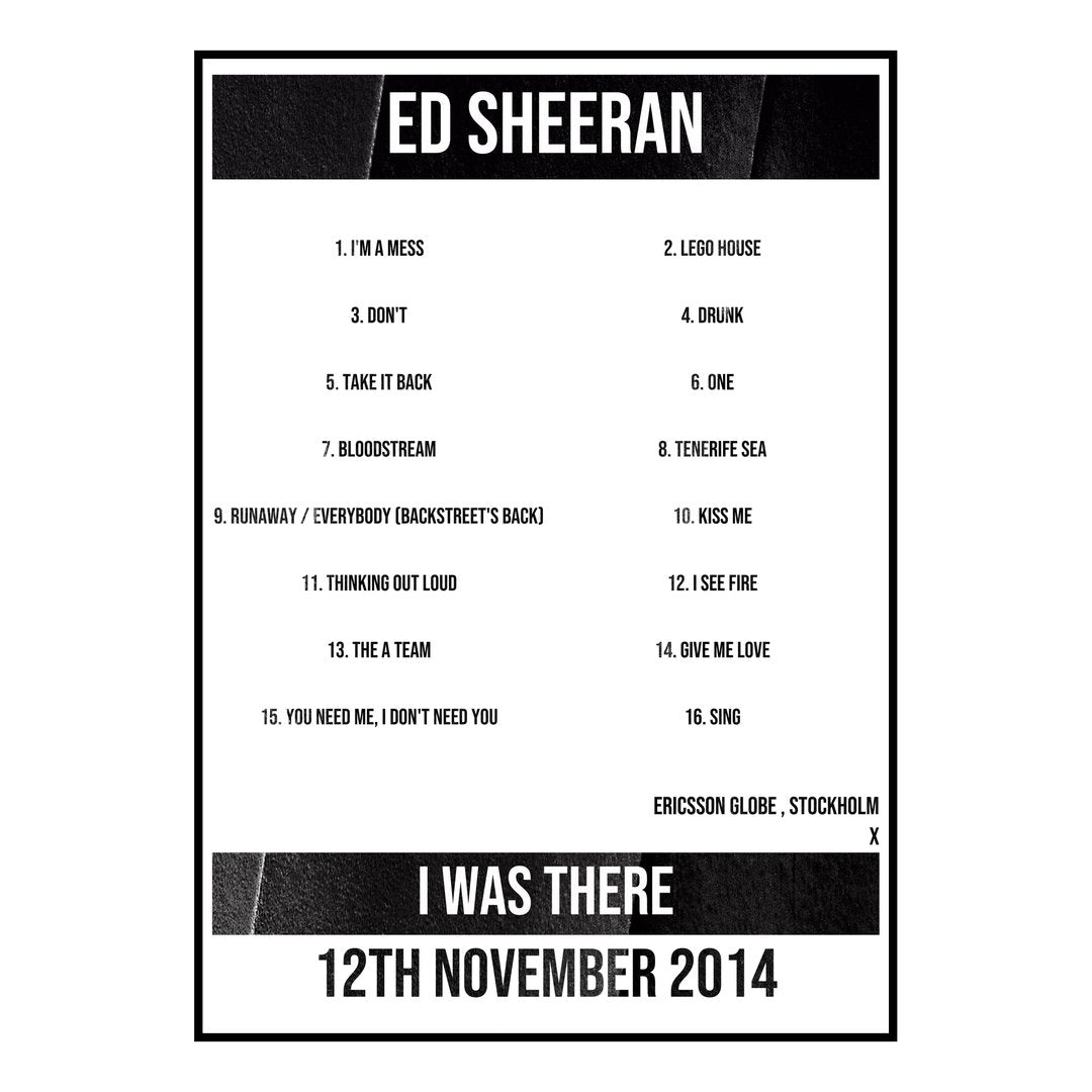 Ed Sheeran Stockholm 12th November 2014 Setlist poster