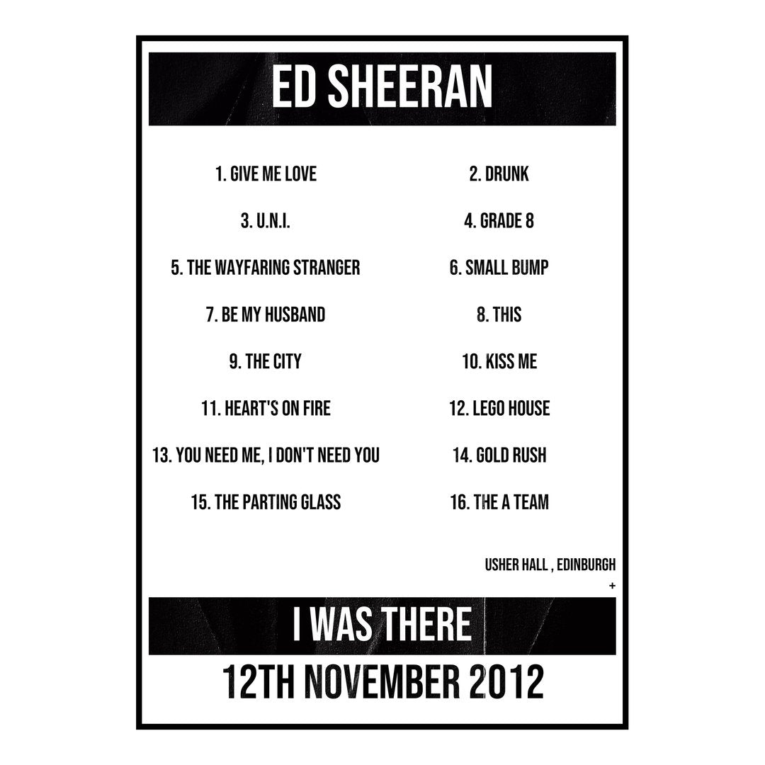 Ed Sheeran Edinburgh 12th November 2012 Setlist poster