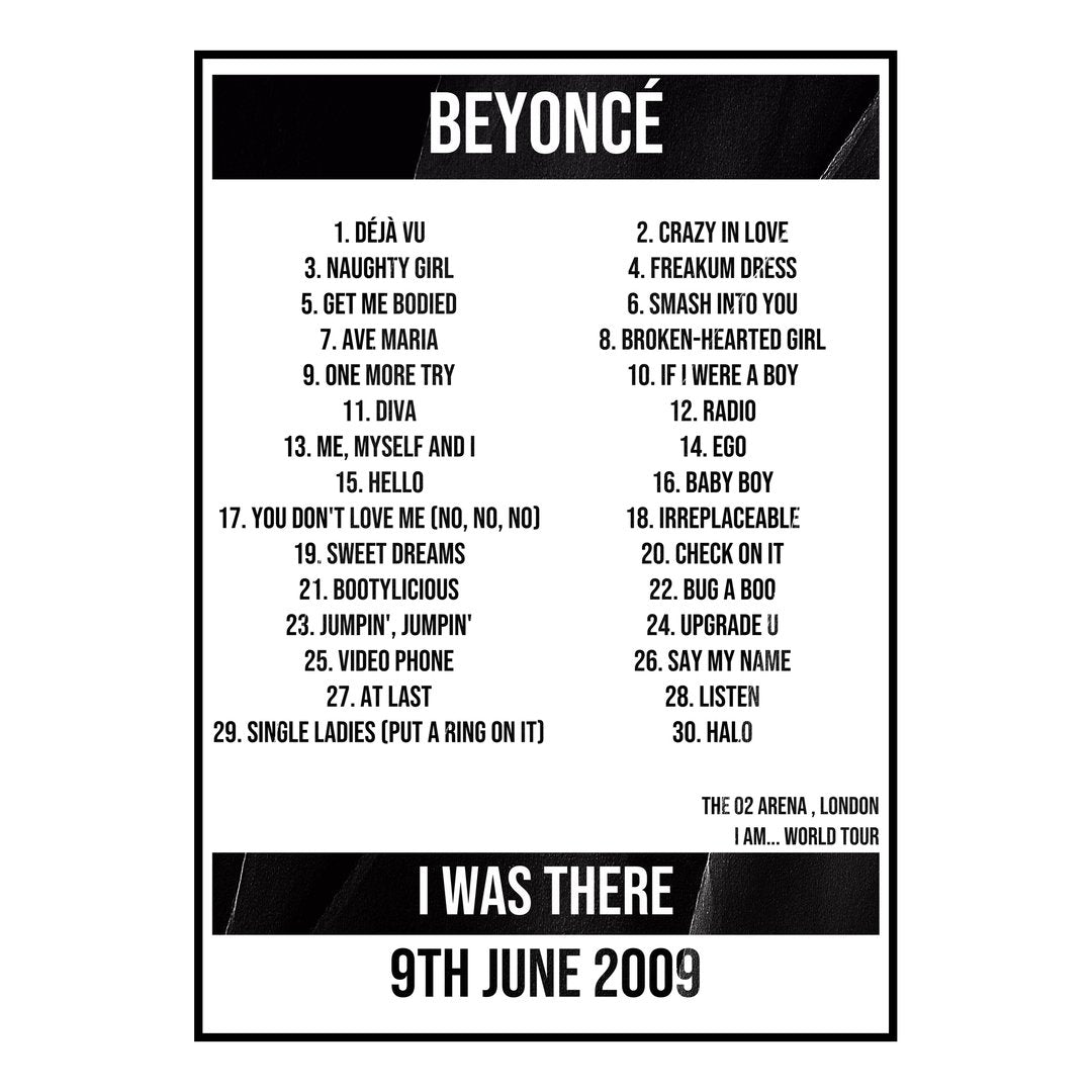Beyoncé London 9th June 2009 Setlist poster