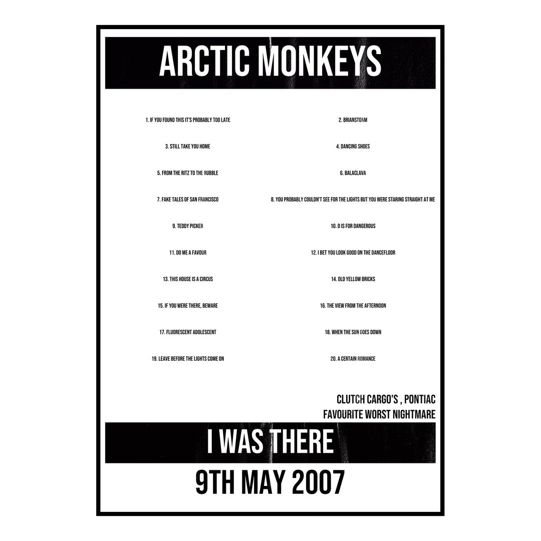 Arctic Monkeys Pontiac 9th May 2007 Setlist poster