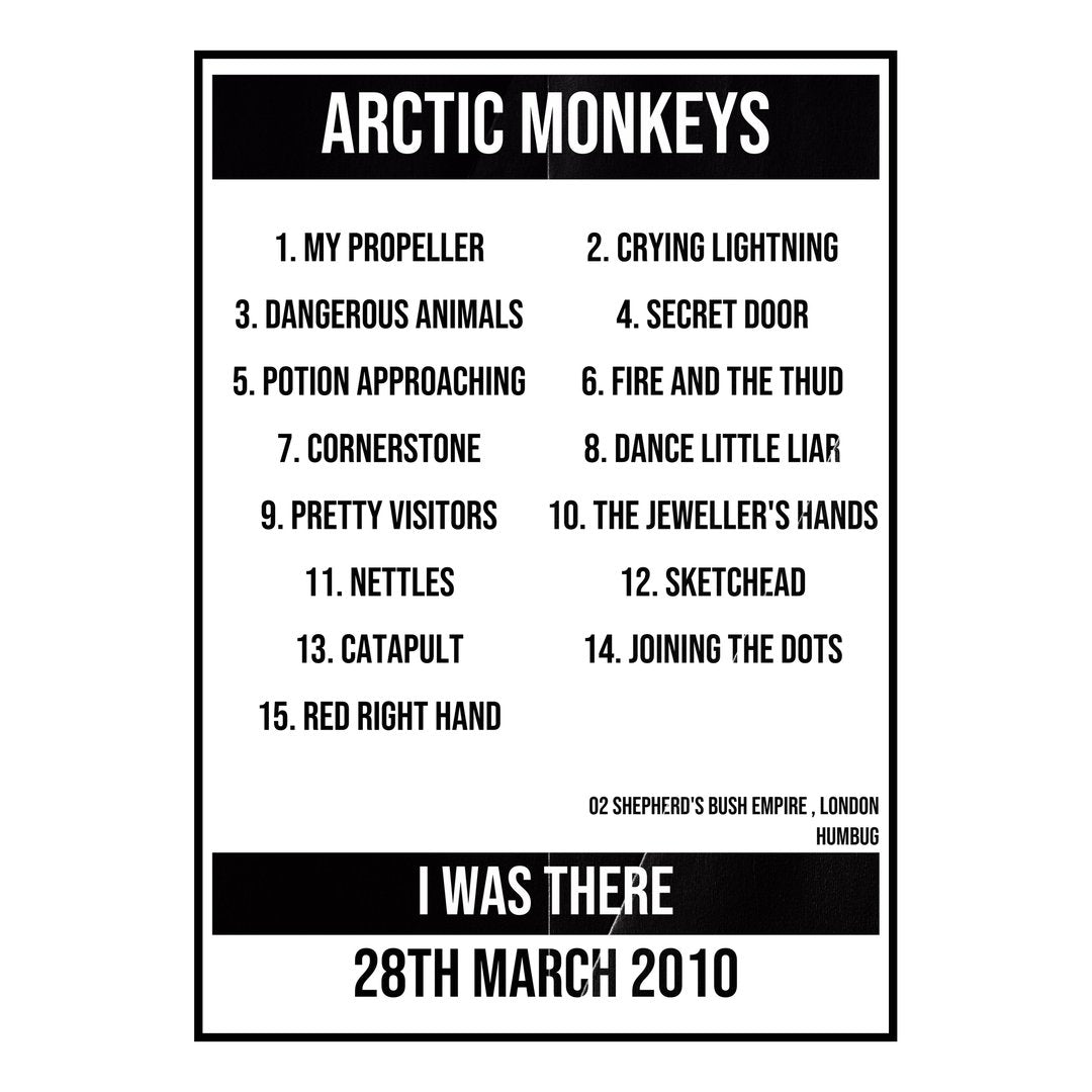 Arctic Monkeys London 28th March 2010 Setlist poster