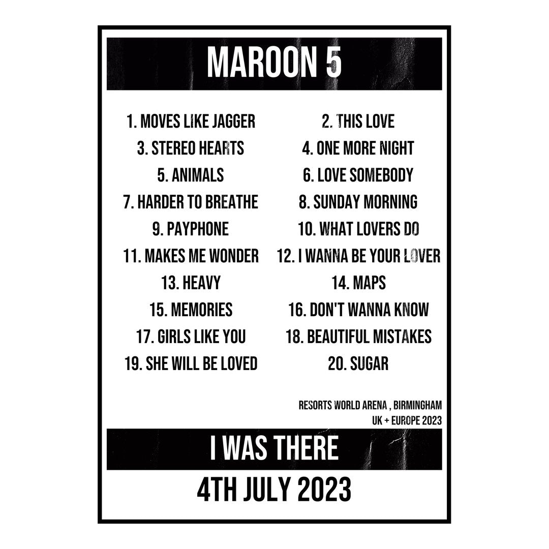 Maroon 5 Birmingham 4th July 2023 Setlist poster