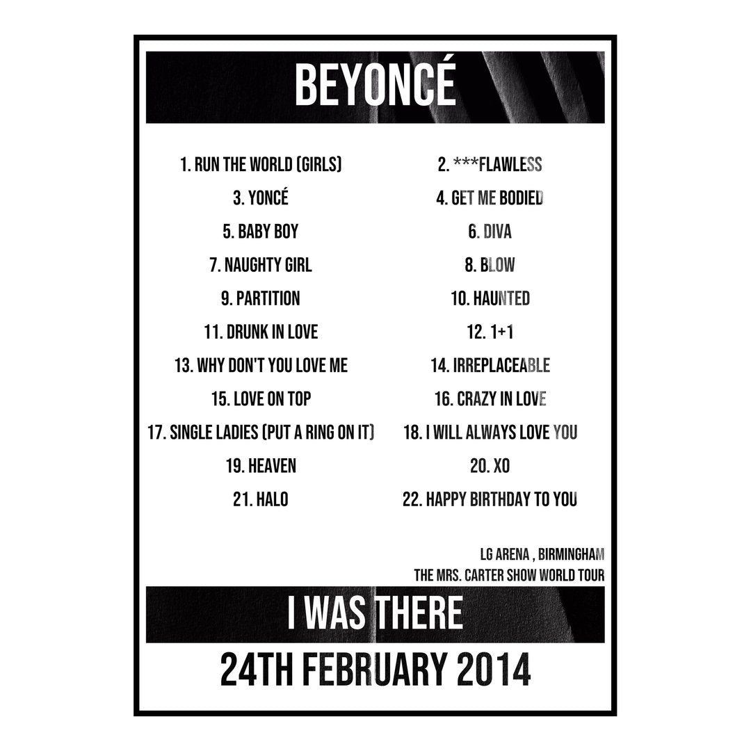 Beyoncé Birmingham 24th February 2014 Setlist poster