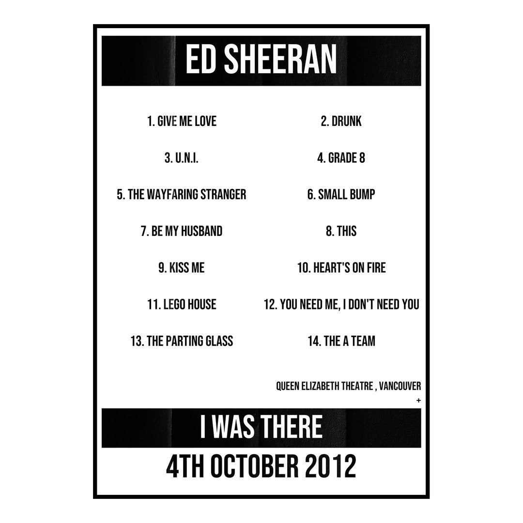 Ed Sheeran Vancouver 4th October 2012 Setlist poster