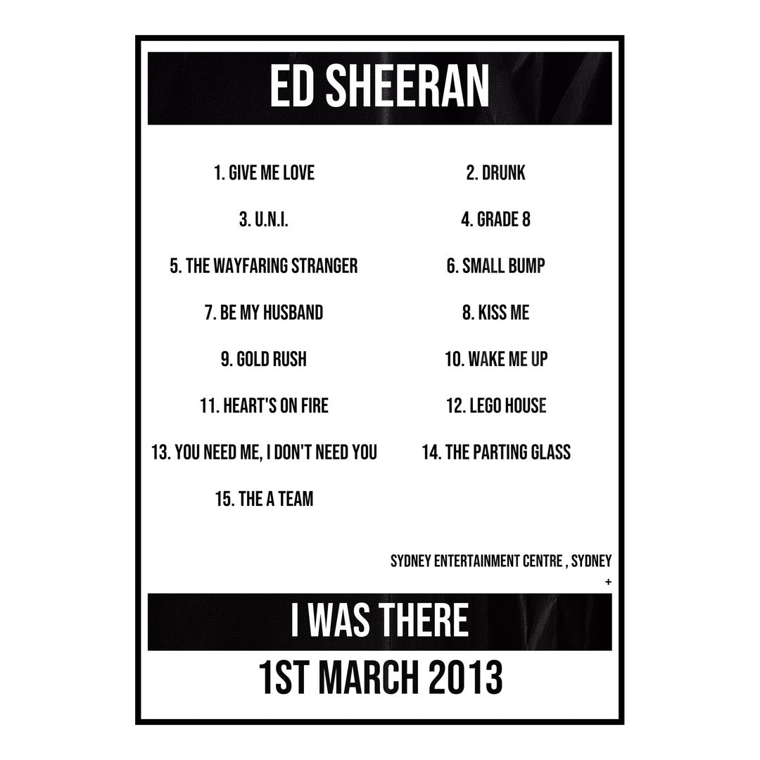 Ed Sheeran Sydney 1st March 2013 Setlist poster
