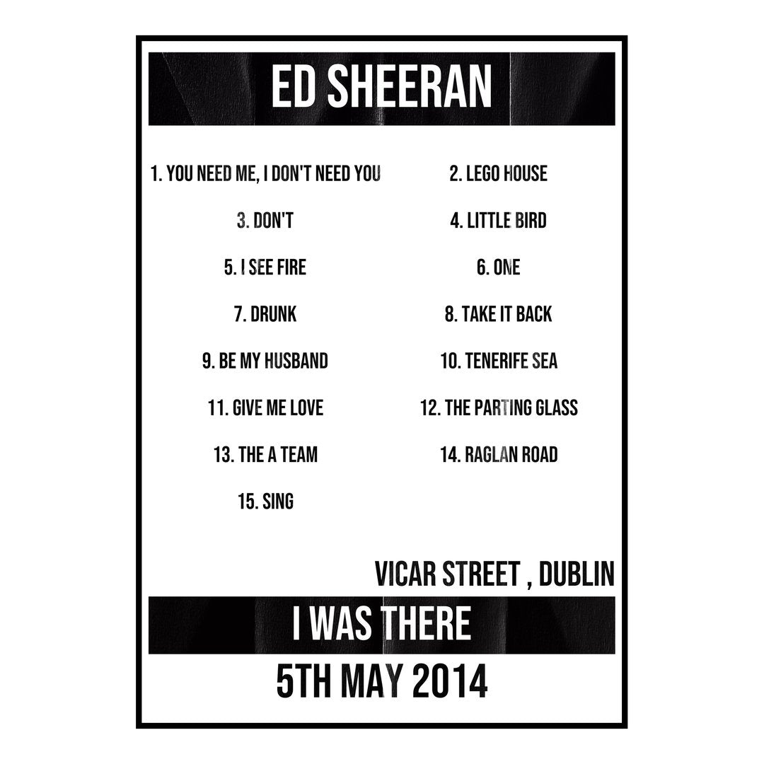 Ed Sheeran Dublin 5th May 2014 Setlist poster