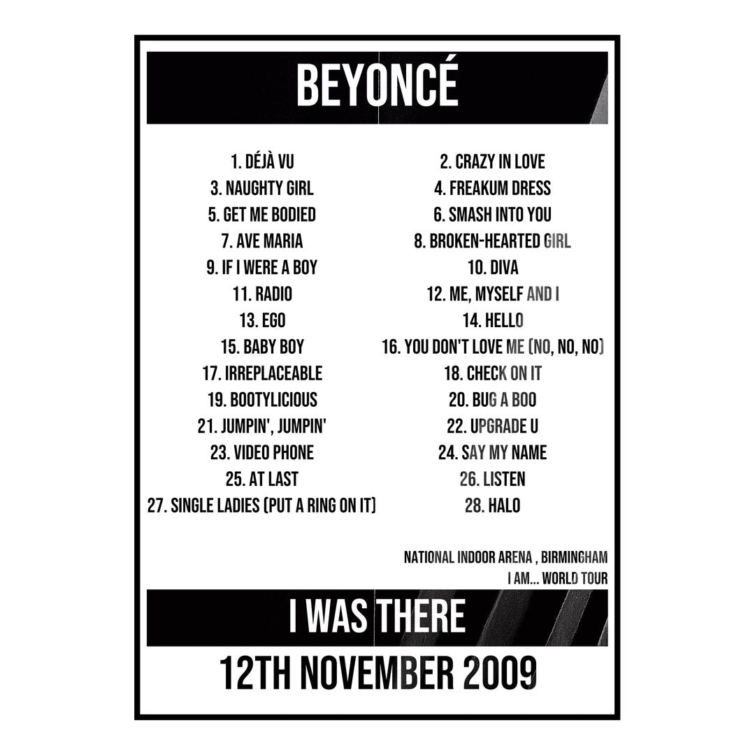 Beyoncé Birmingham 12th November 2009 Setlist poster