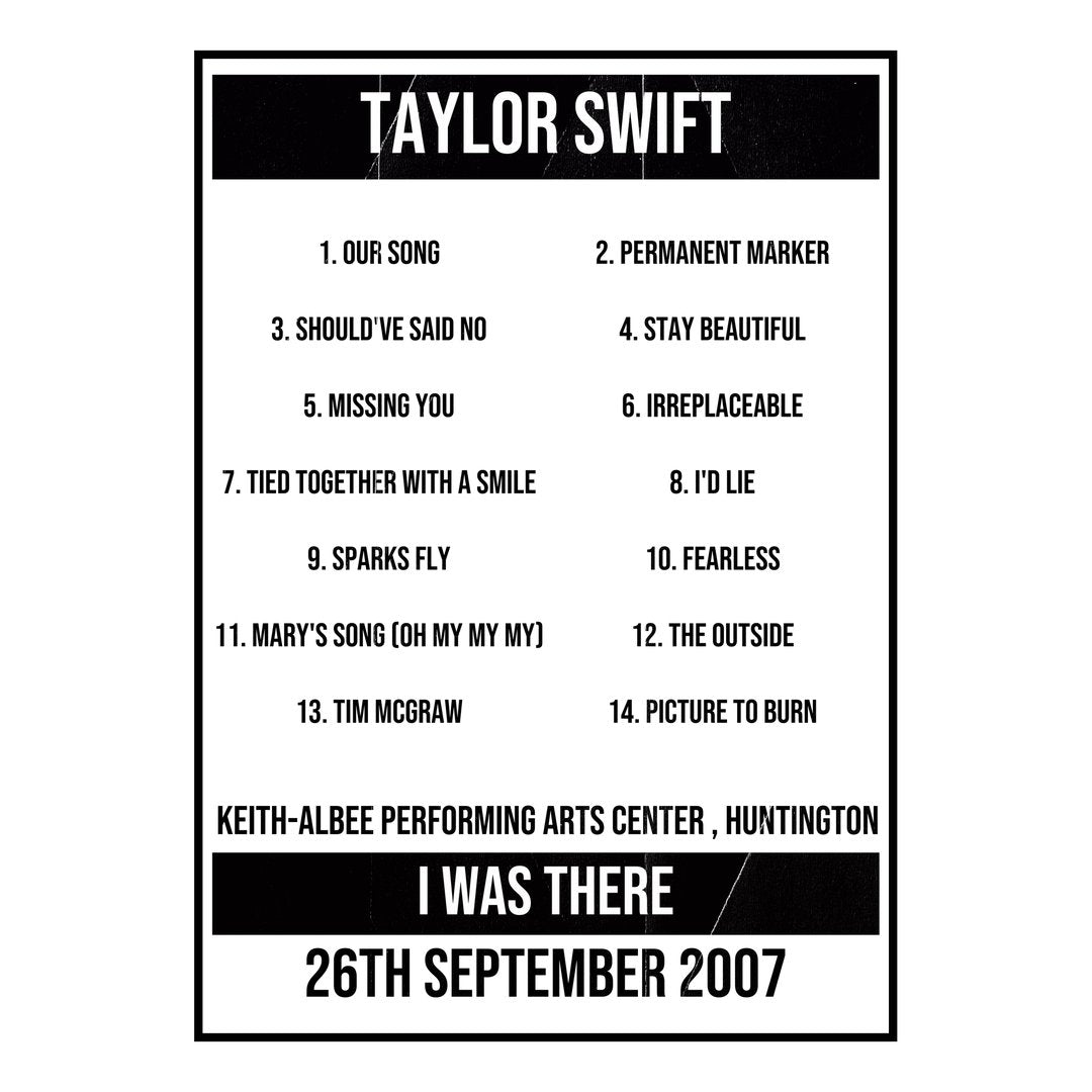 Taylor Swift Huntington 26th September 2007 Setlist poster