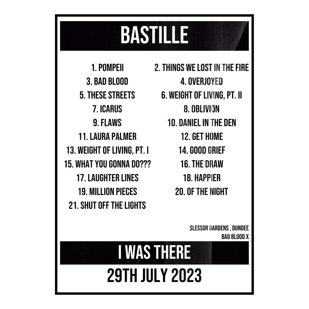Bastille Dundee 29th July 2023 Setlist poster