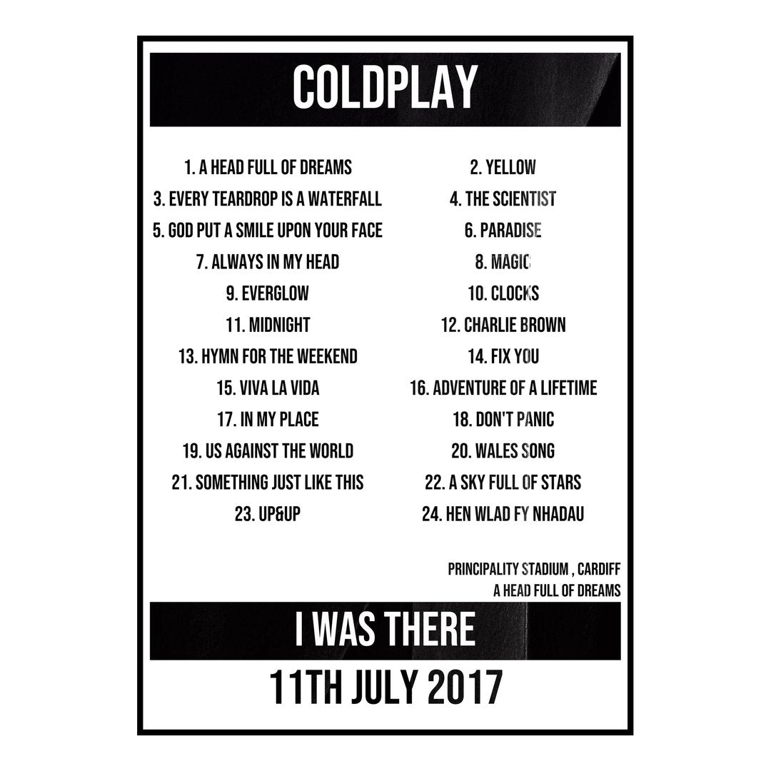 Coldplay Cardiff 11th July 2017 Setlist poster