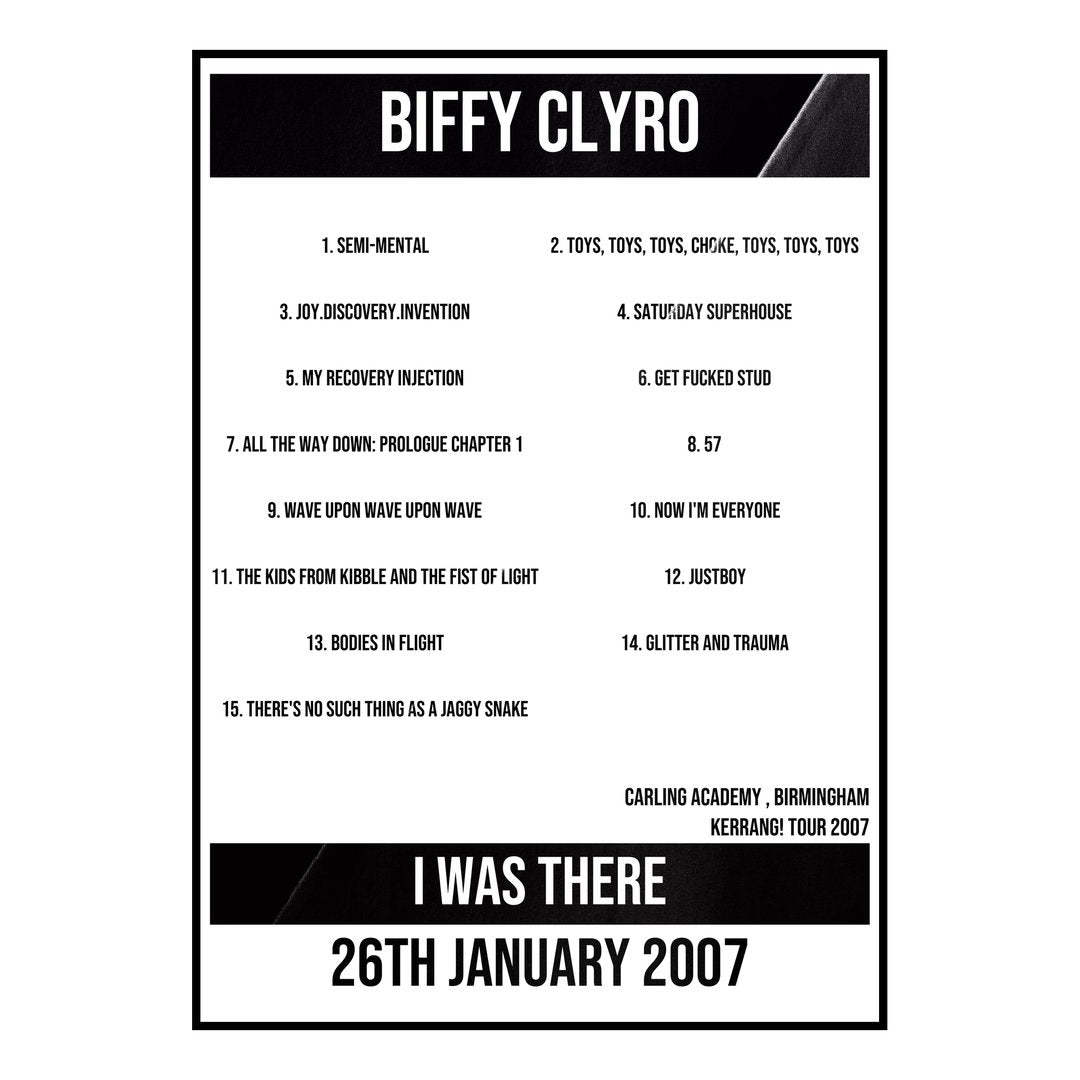 Biffy Clyro Birmingham 26th January 2007 Setlist poster