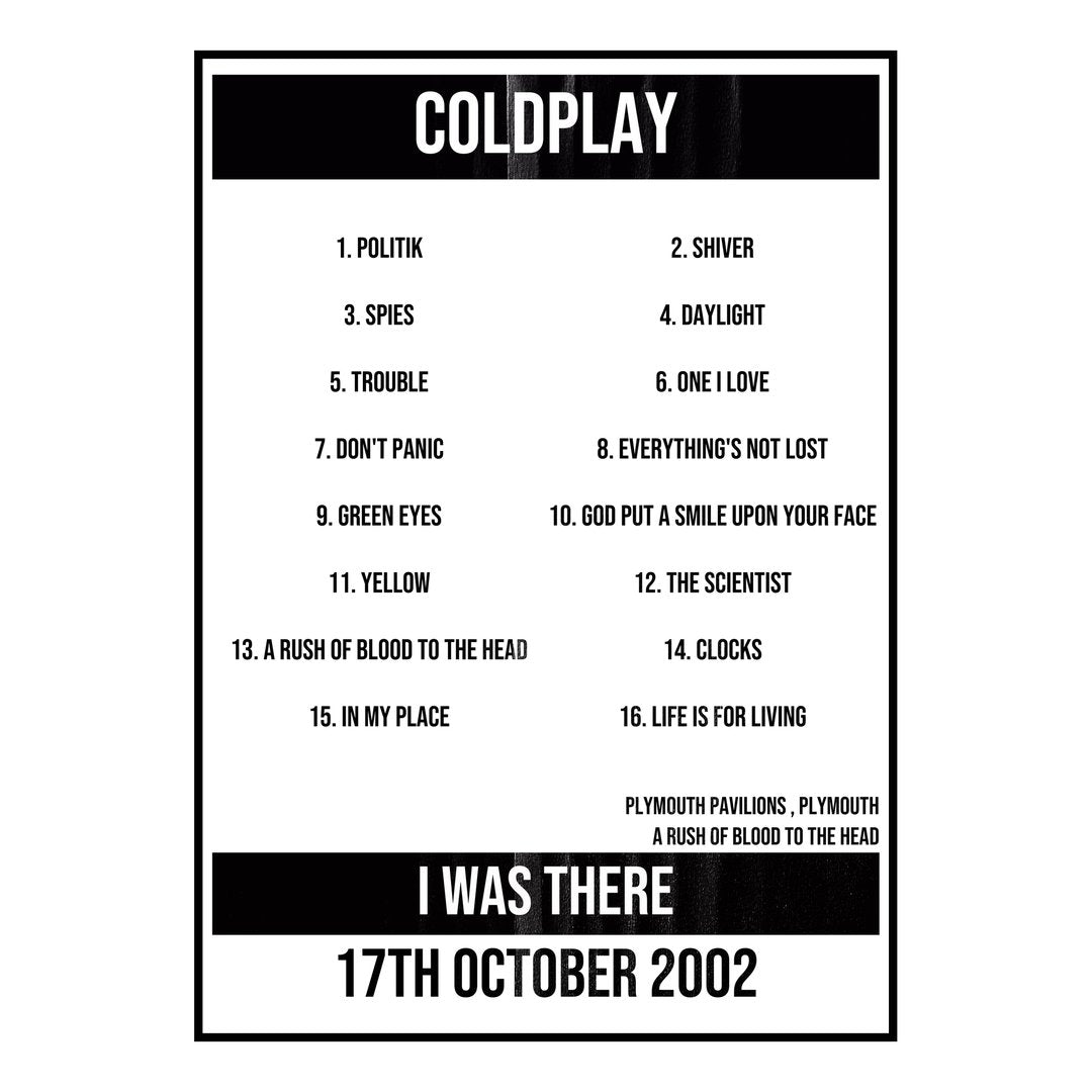 Coldplay Plymouth 17th October 2002 Setlist poster