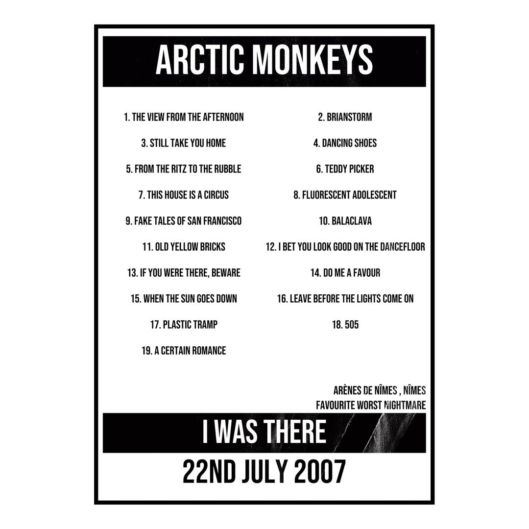 Arctic Monkeys Nîmes 22nd July 2007 Setlist poster