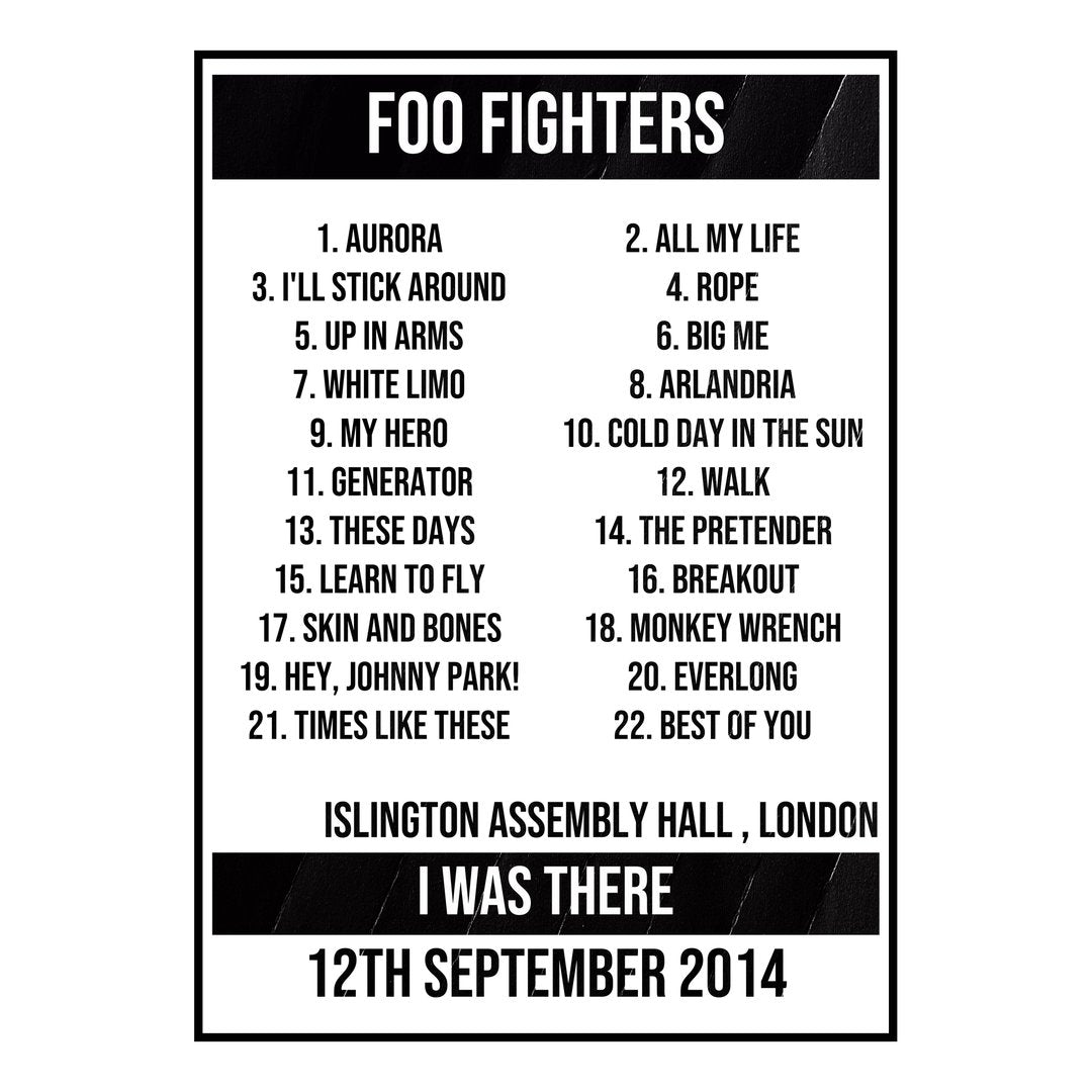 Foo Fighters London 12th September 2014 Setlist poster