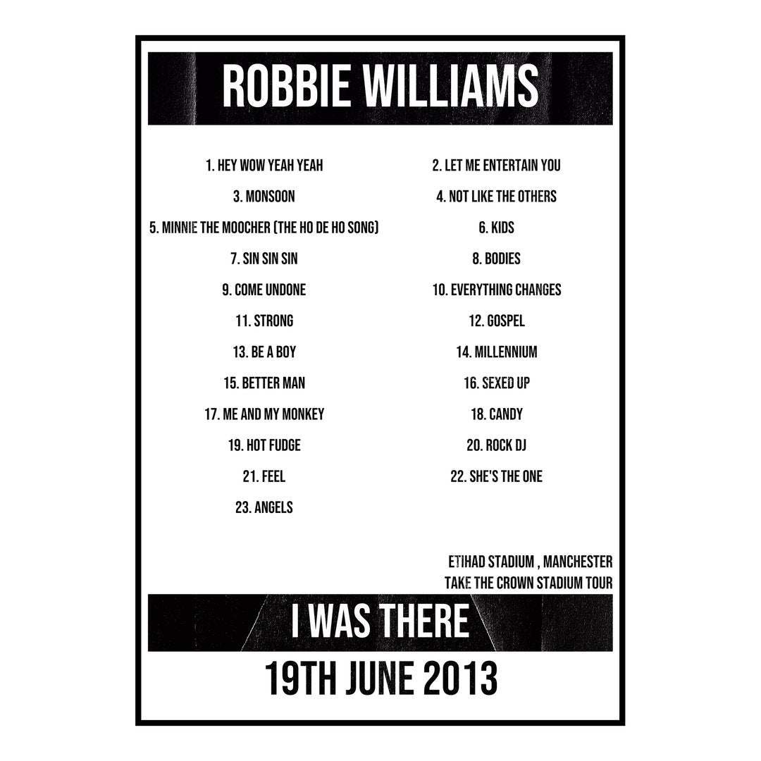 Robbie Williams Manchester 19th June 2013 Setlist poster