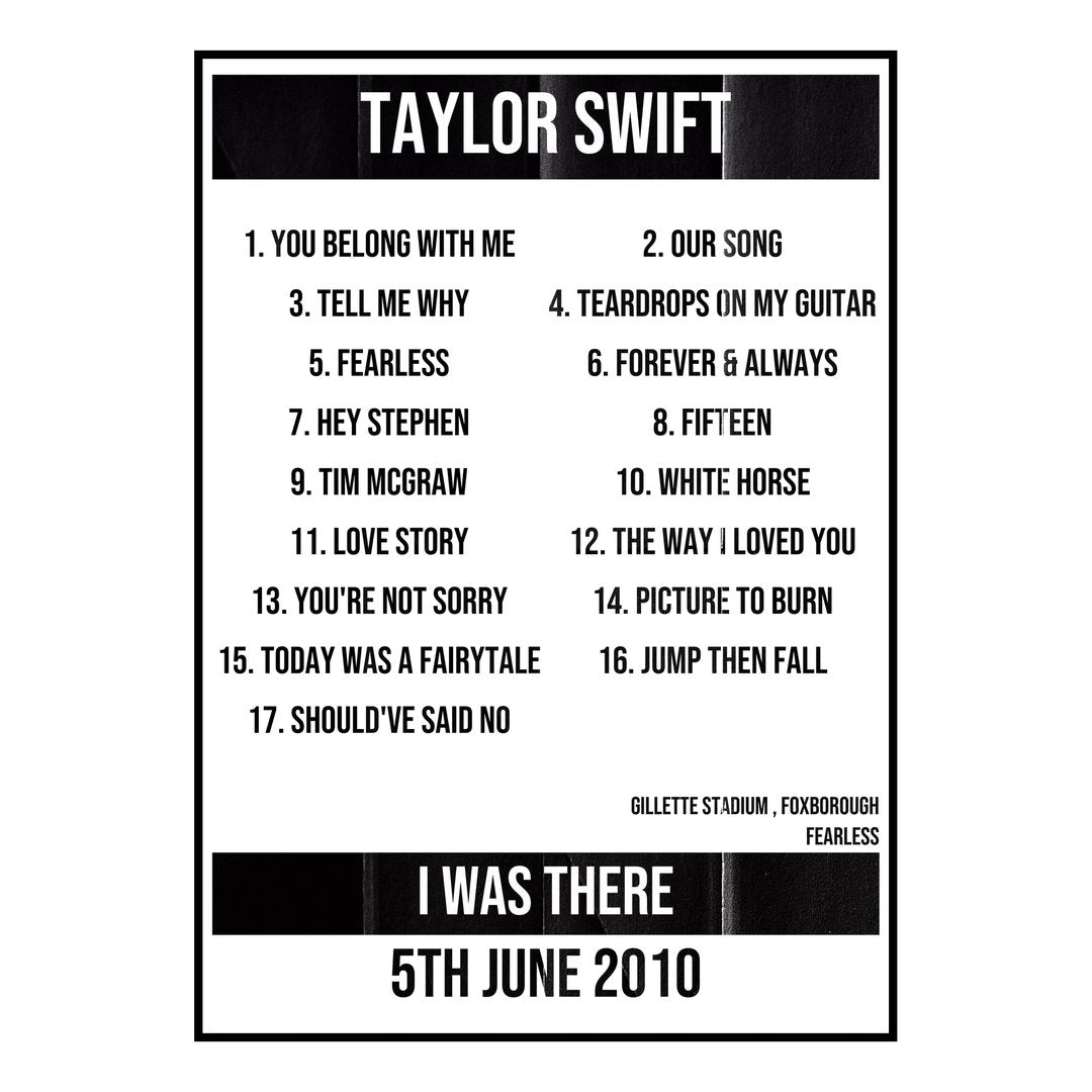 Taylor Swift Foxborough 5th June 2010 Setlist poster