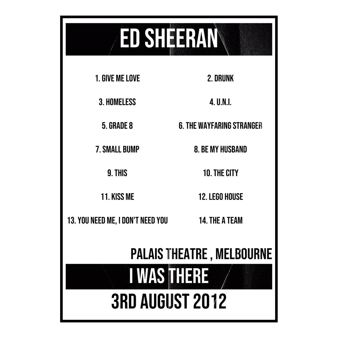 Ed Sheeran Melbourne 3rd August 2012 Setlist poster