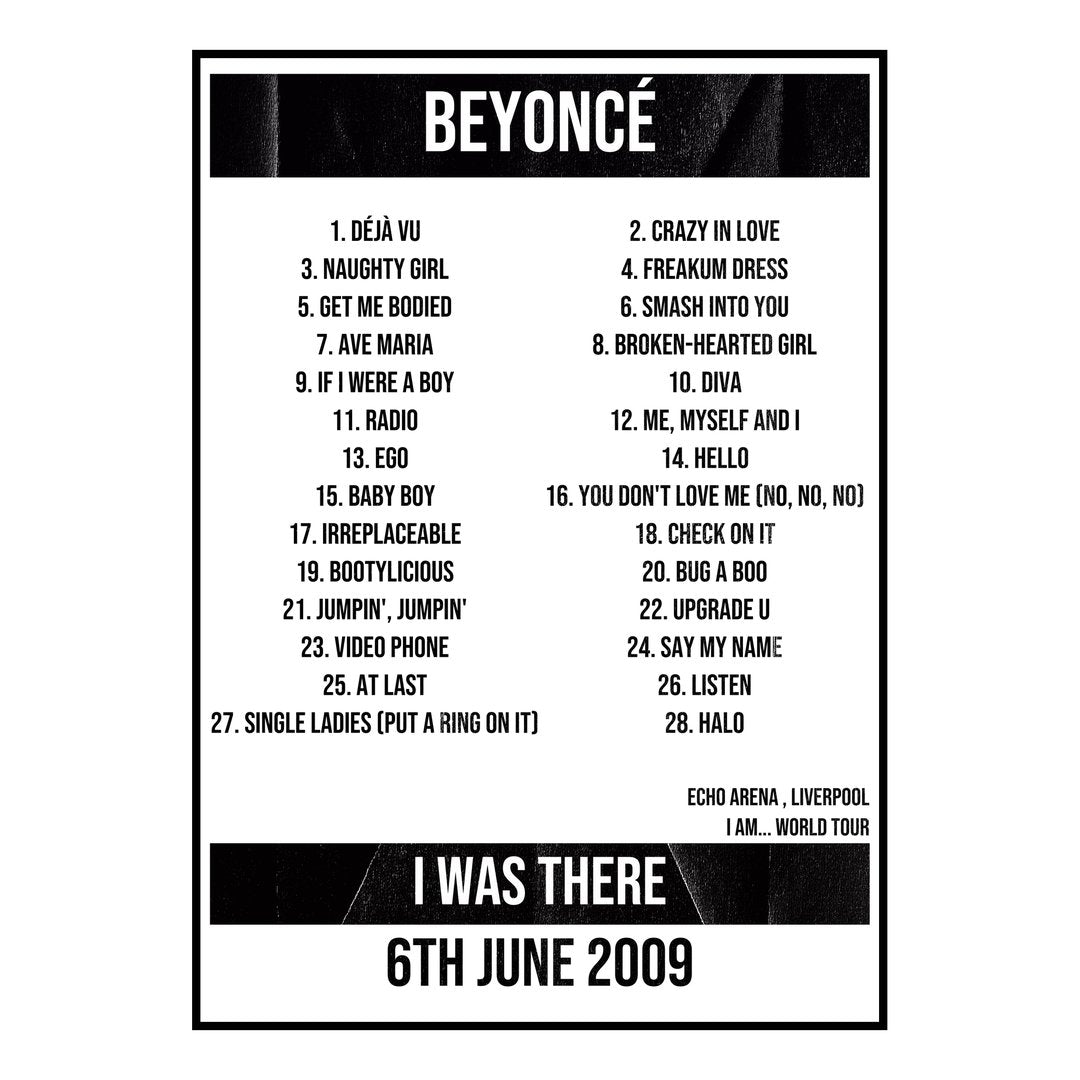 Beyoncé Liverpool 6th June 2009 Setlist poster