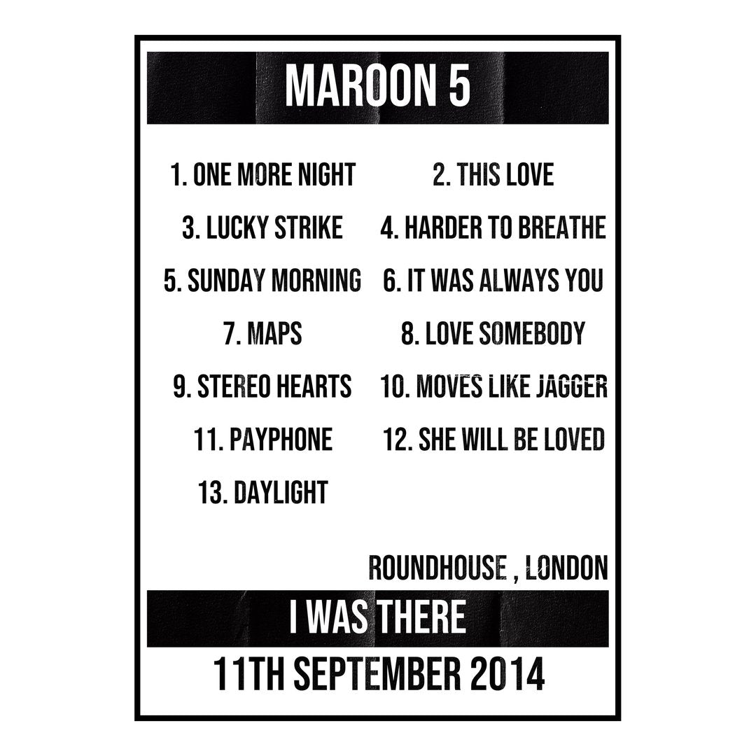 Maroon 5 London 11th September 2014 Setlist poster