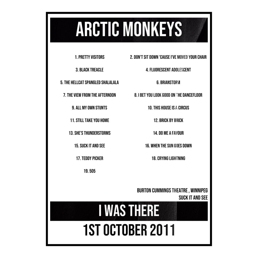 Arctic Monkeys Winnipeg 1st October 2011 Setlist poster