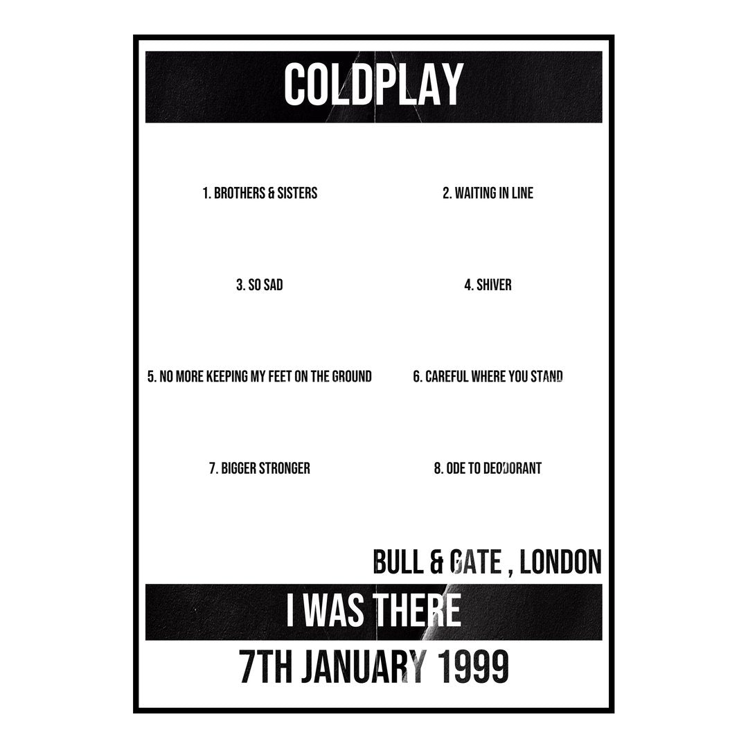 Coldplay London 7th January 1999 Setlist poster